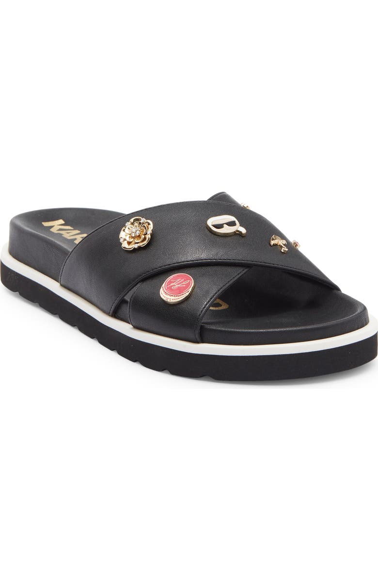 KARL LAGERFELD PARIS Embellished Crossover Strap Sandal, Main, color, Black