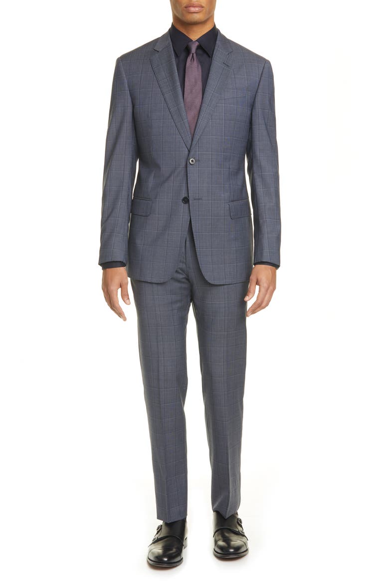 G Line Trim Fit Windowpane Wool Suit, Main, color, GREY