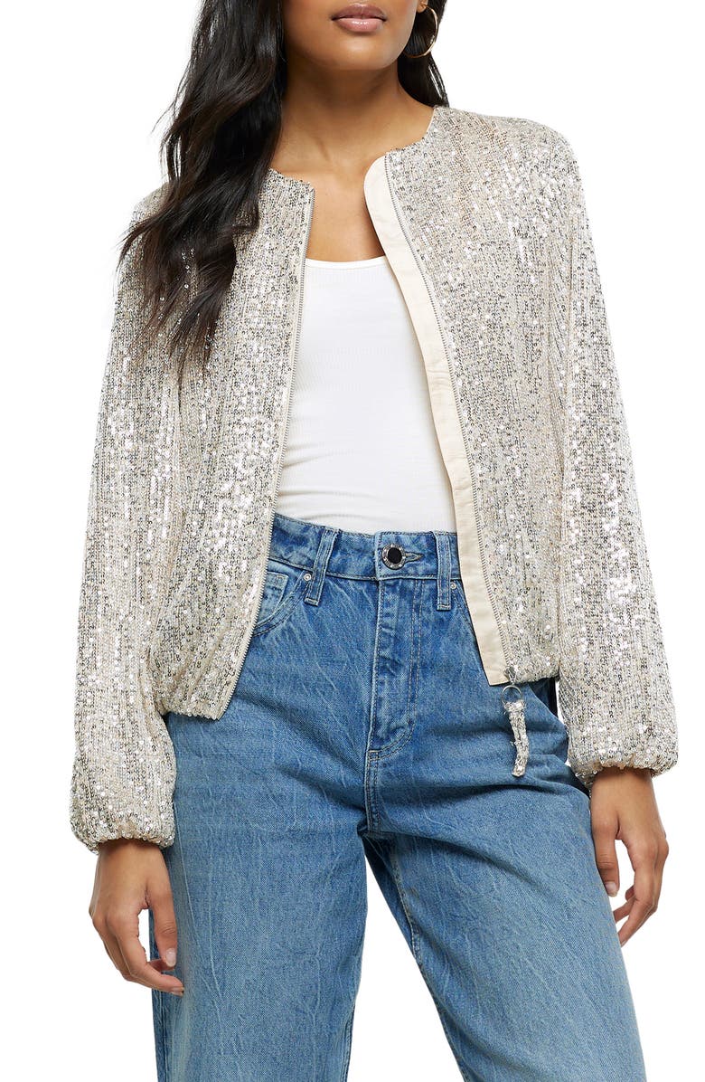 River Island Sequin Bomber Jacket, Main, color, 
