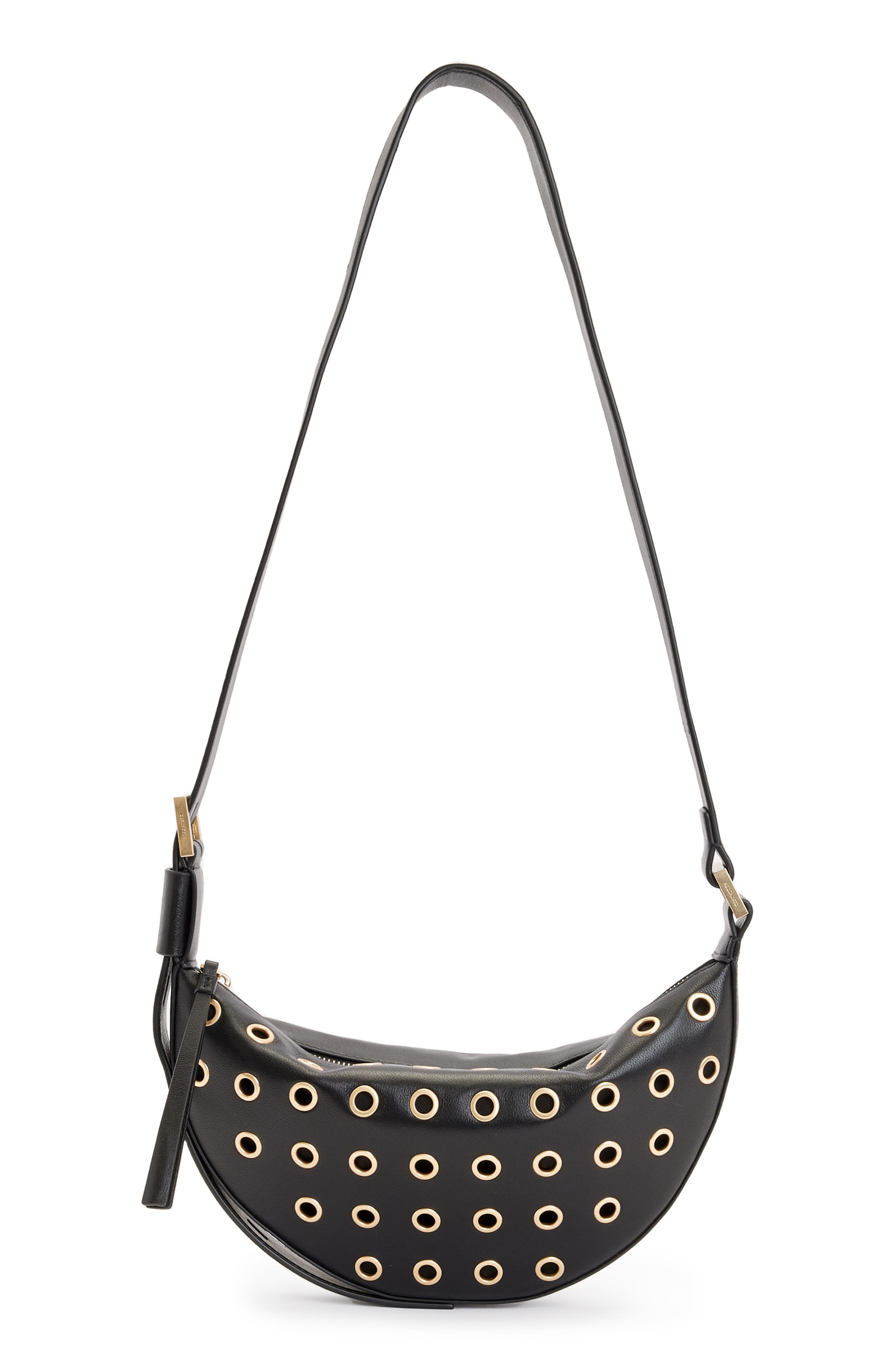 AllSaints Half Moon Grommet Crossbody Bag, Main, color, 