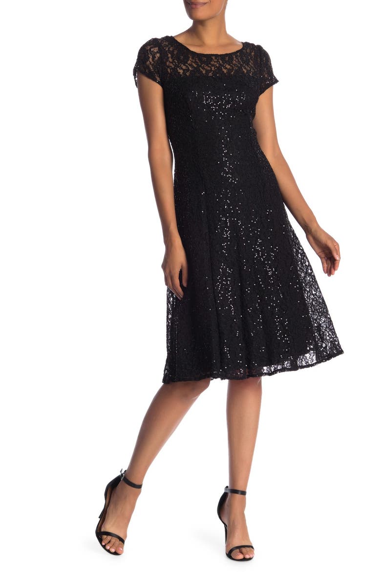 Sequin Lace Midi Dress, Alternate, color, BLK