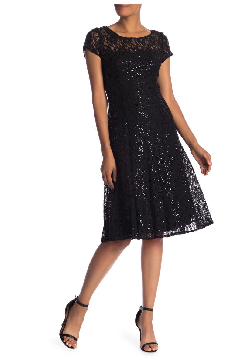 SL FASHIONS Sequin Lace Midi Dress, Alternate, color, Blk