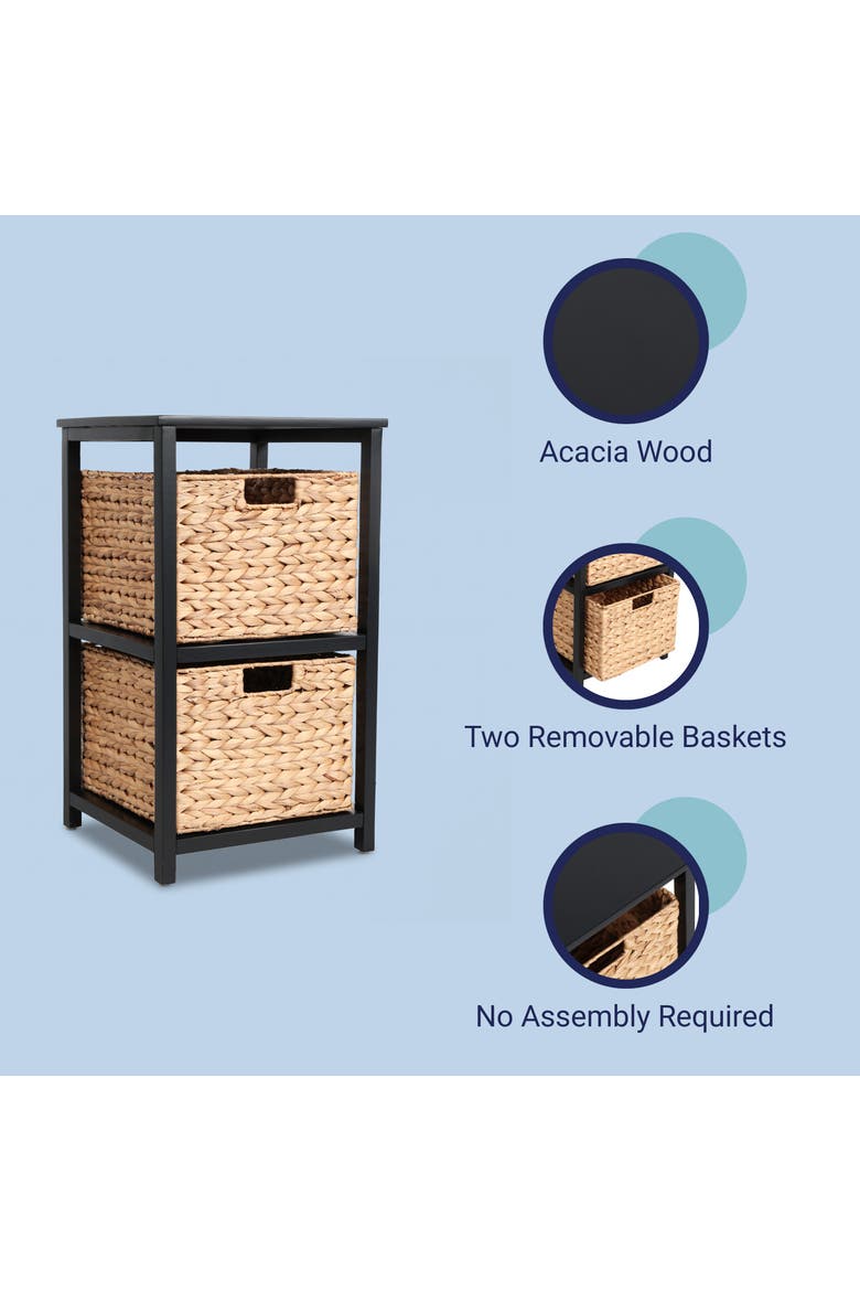 Cohen Coastal Bohemian Handcrafted Acacia Wood 2-Tier Storage Cabinet with 2 Water Hyacinth Woven Baskets, Alternate, color, Black