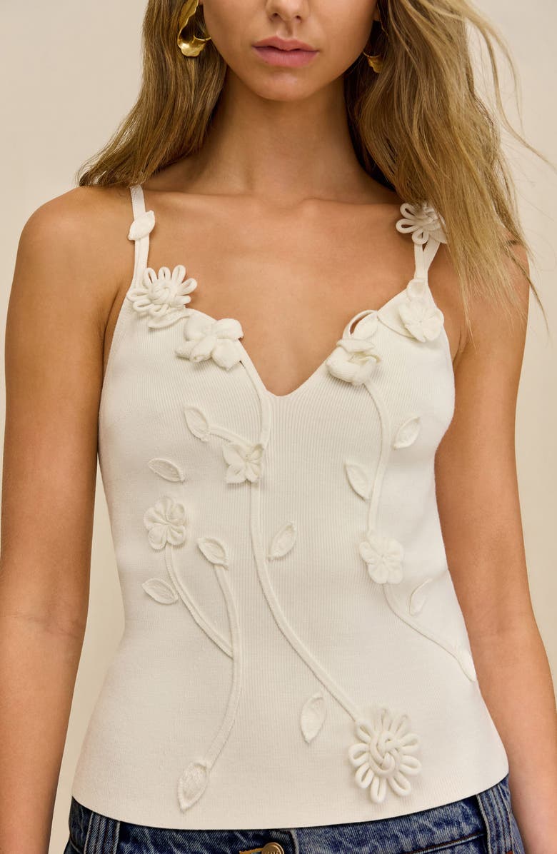 Cult Gaia Emiliana Floral Appliqué Knit Camisole, Alternate, color, Off White