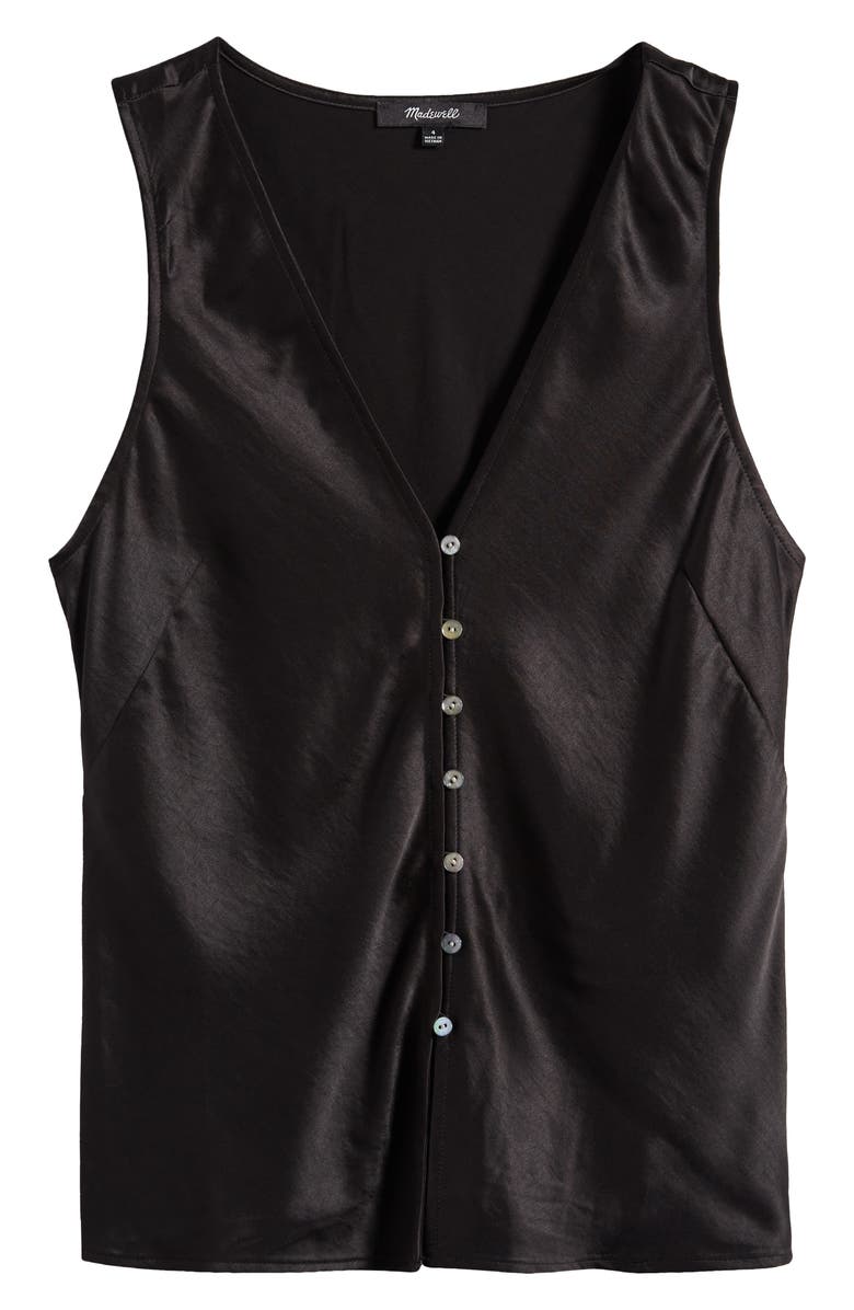 Madewell Emily Satin Sleeveless Button-Up Shirt, Main, color, True Black
