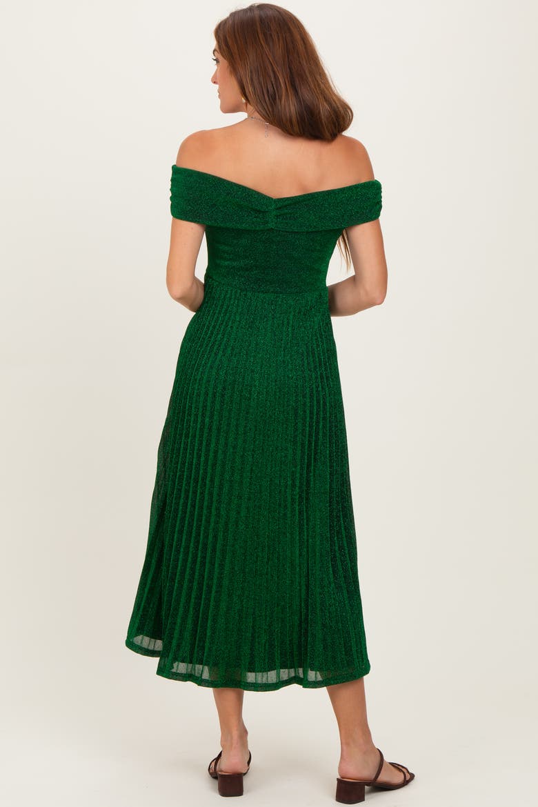 Shimmer Off Shoulder Pleated Midi Dress, Alternate, color, Forest Green
