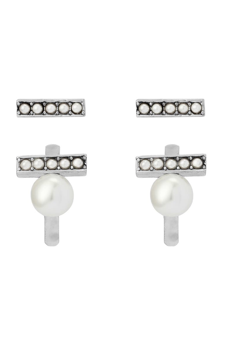 Imitation Pearl Bar Earrings, Alternate, color, PEARL/ WARM SILVER
