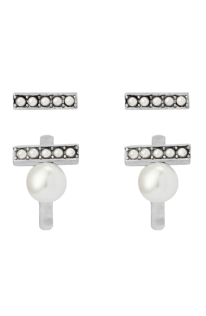 AllSaints Imitation Pearl Bar Earrings, Alternate, color, Pearl/ Warm Silver