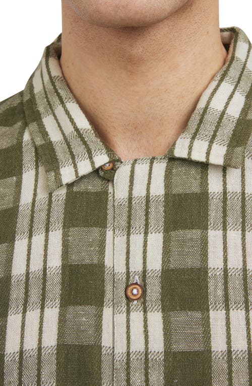 Ben Sherman Reworked Gingham Check Lyocell & Linen Camp Shirt In Olive