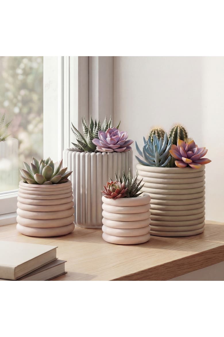 Silas Modern Minimalist Handmade Concrete Fluted Sculptural Cylinder Planter Set with Drainage Holes, Alternate, color, Powder Blue