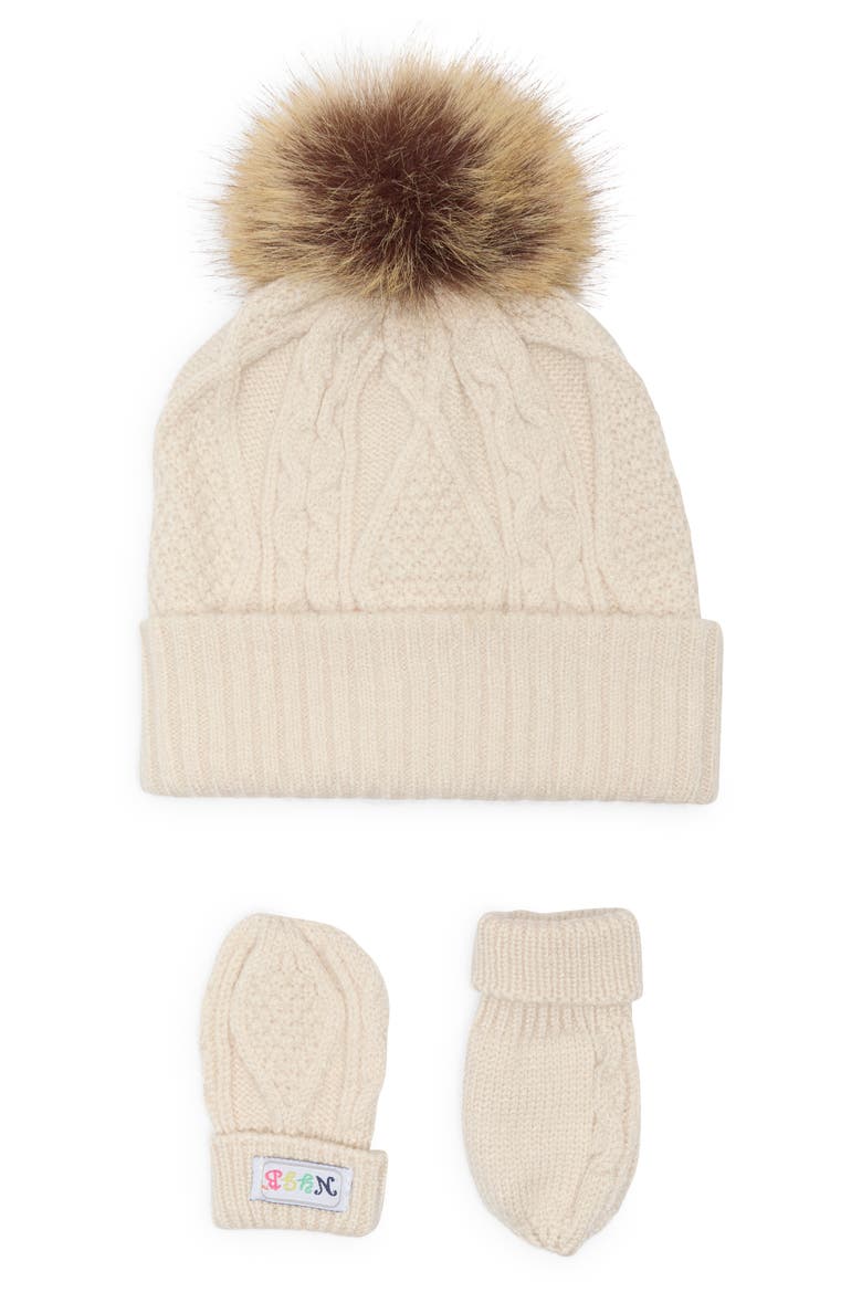 Cable Knit Faux Fur Pompom Hat & Mittens Set, Main, color, SLIP