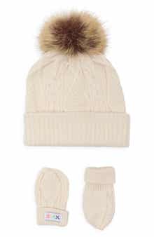 Cable Knit Faux Fur Pompom Hat & Mittens Set