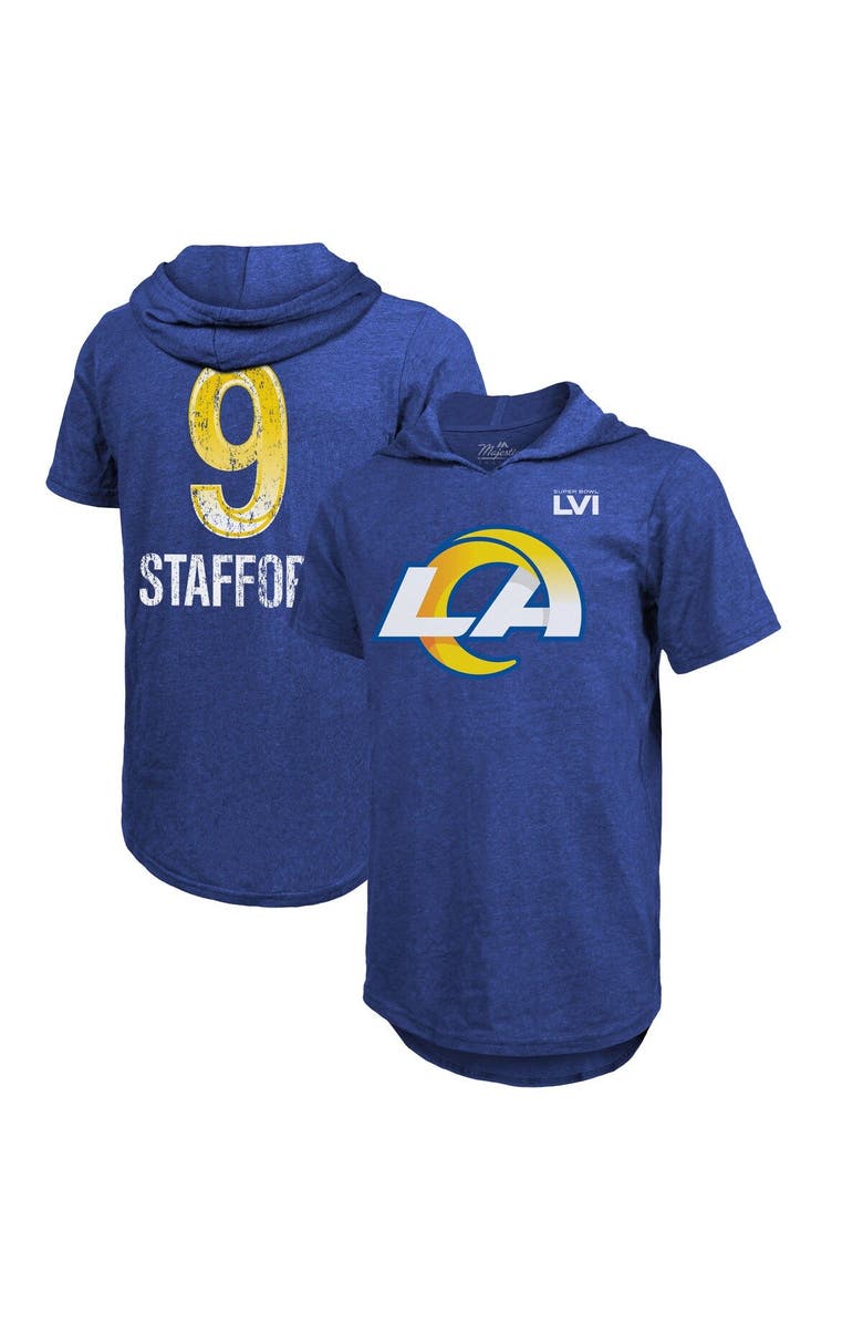 Majestic Threads Men's Majestic Threads Matthew Stafford Royal Los Angeles Rams Super Bowl LVI Name & Number Short Sleeve Hoodie T-Shirt, Main, color,