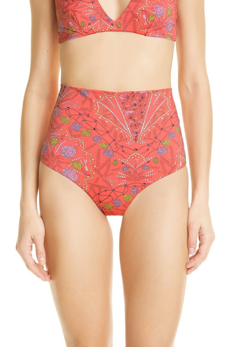 Conch Print High Waist Bikini Bottoms, Main, color, 068 CORAL