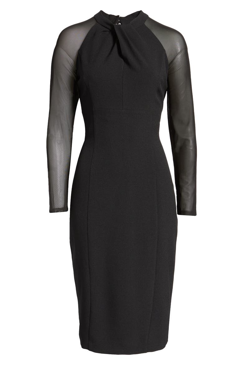 Twist Neck Illusion Long Sleeve Midi Dress, Alternate, color, BLACK