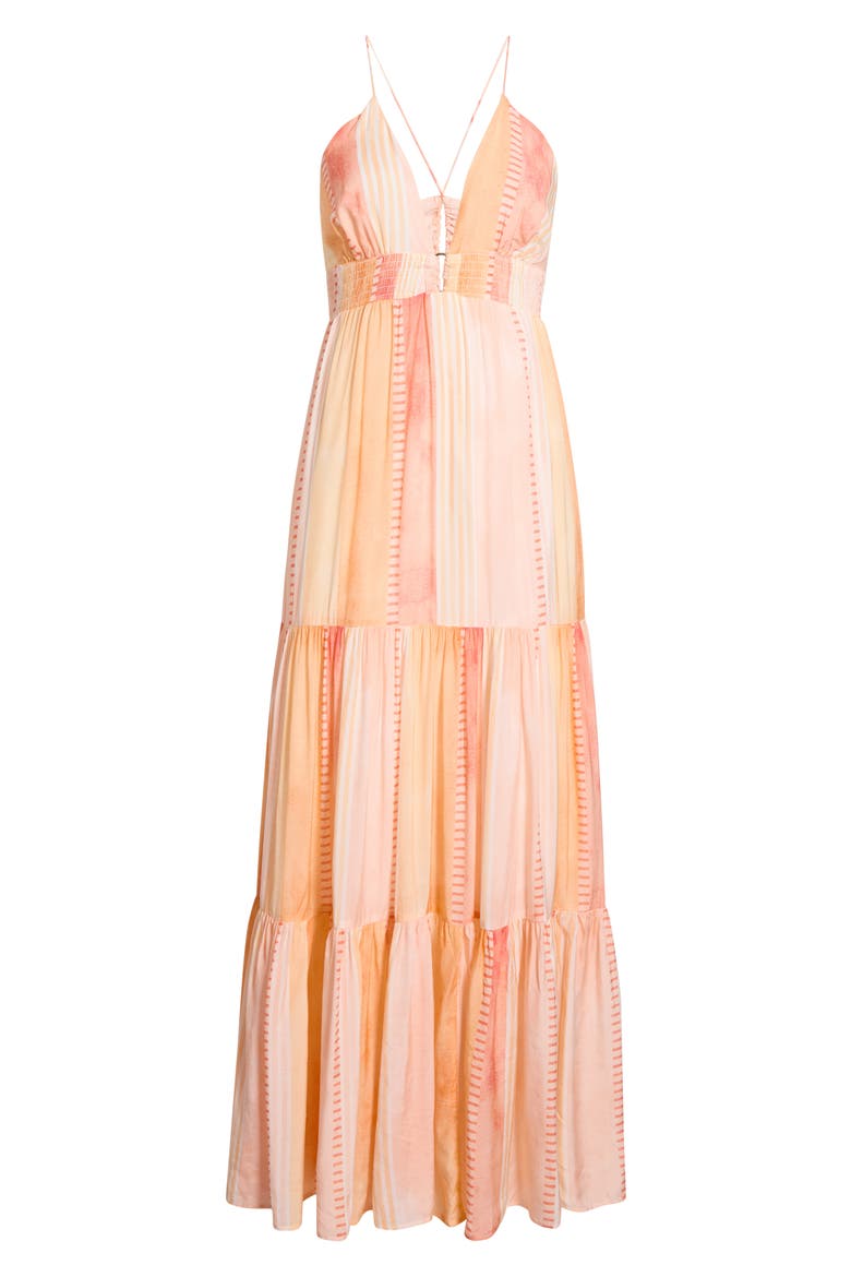 Print Tiered Halter Maxi Dress, Alternate, color, CORAL STROVIA