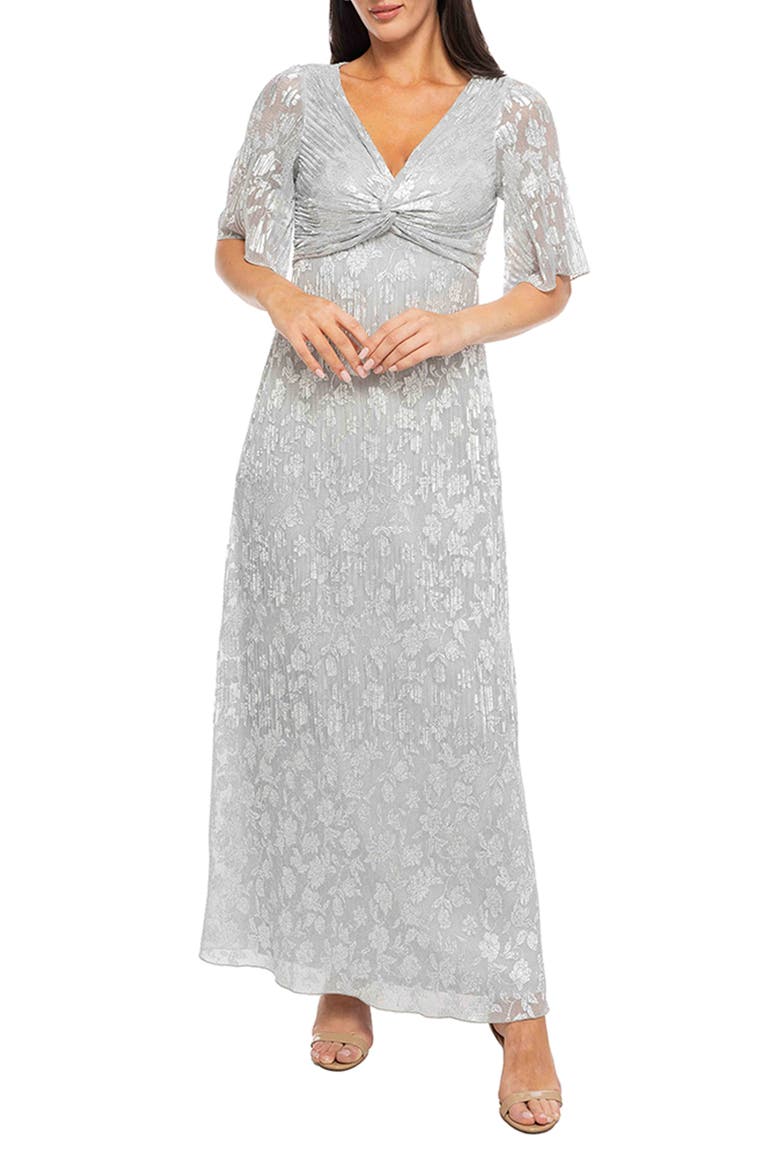 Metallic Flower Plissé Gown, Main, color, SILVER