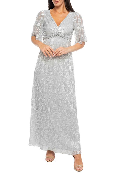 Metallic Flower Plissé Gown