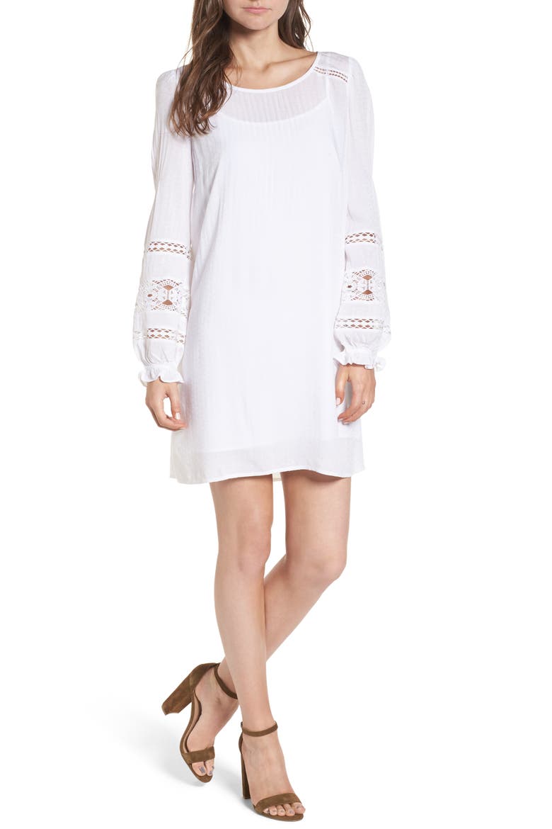 Lace Trim Puff Sleeve Shift Dress, Main, color, WHITE