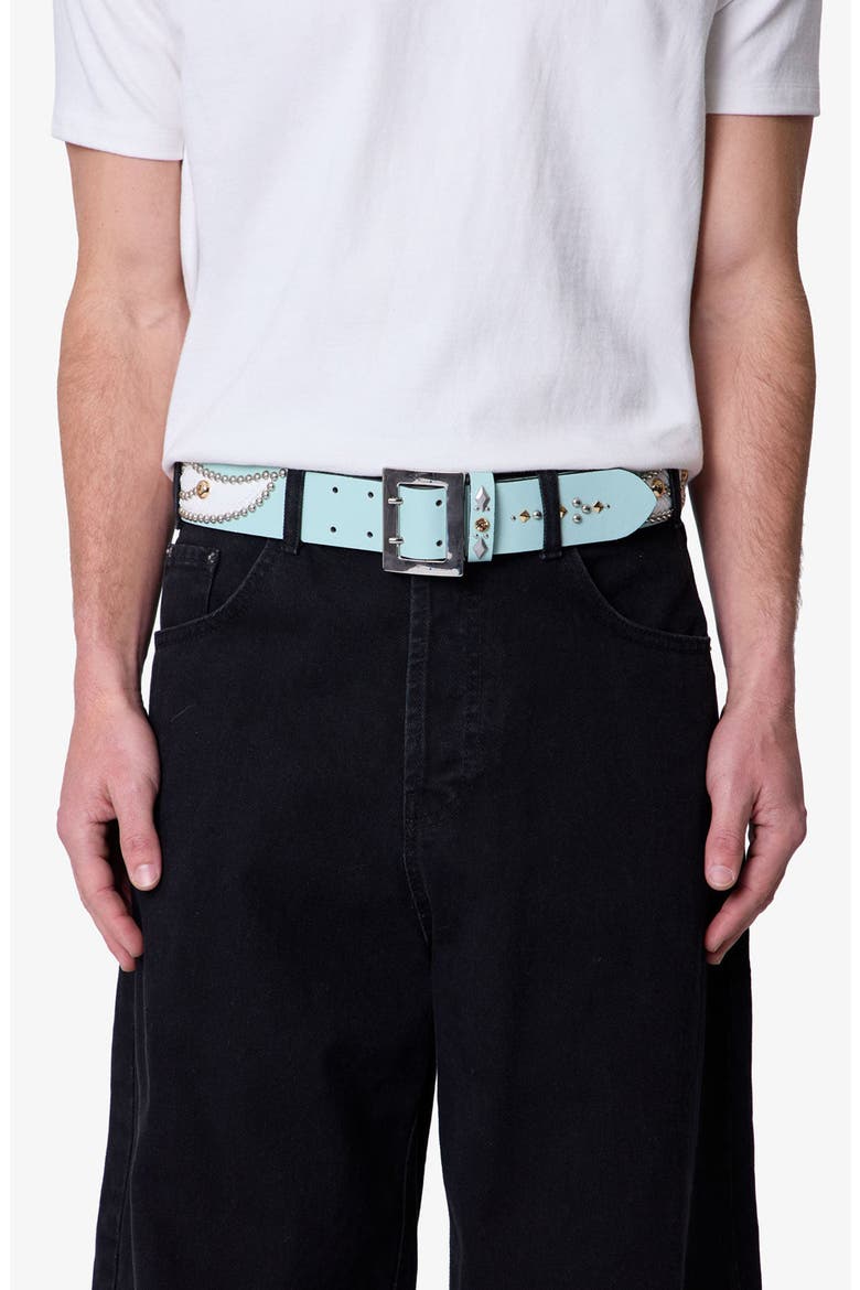Stud Leather Belt, Alternate, color, AQUA/ WHITE