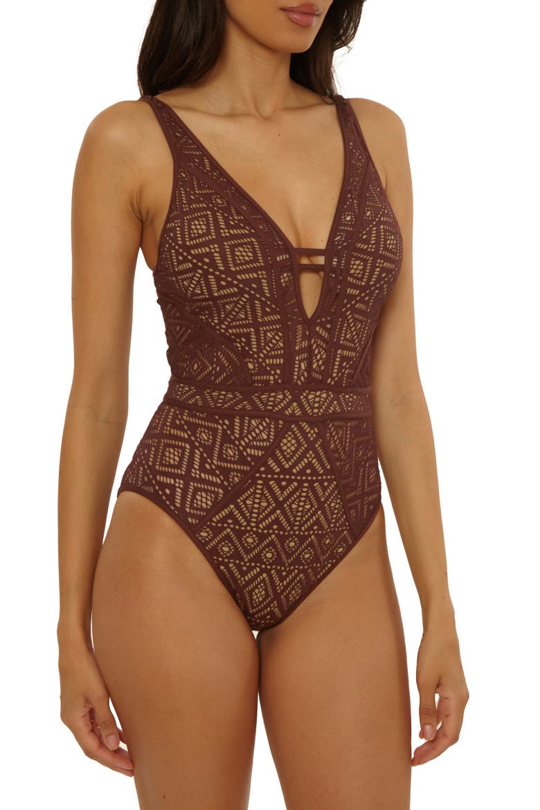 Keyhole One-Piece Swimsuit, Alternate, color, MOCHA/ TAN