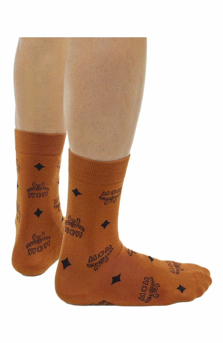 MCM Monogram Knit Socks, Alternate, color, Cognac