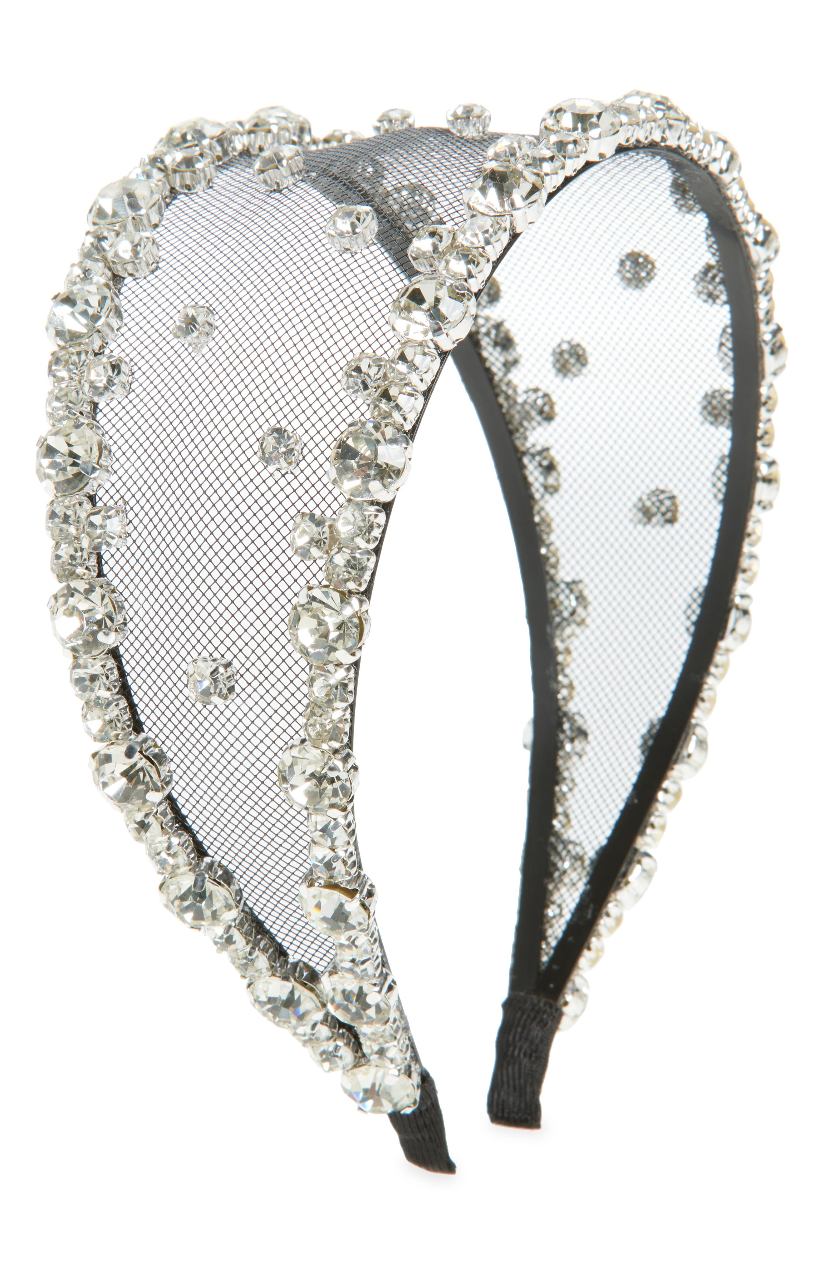 Tasha Crystal Embellished Mesh Headband in Black 