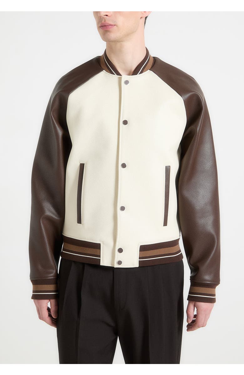 Manière De Voir Guy Contrast Leather Bomber Jacket, Alternate, color, Cream