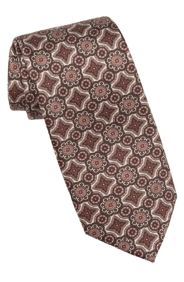 Elizabetta Lorenzo - Extra Long Printed Madder Silk Tie for Men, Main, color, Brown And Blush