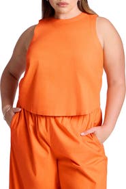 ELOQUII Linen-Blend Boxy Scoop Neck Crop Tank