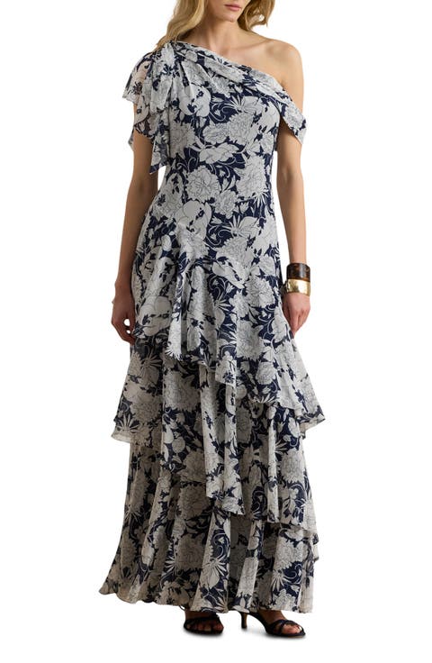 Kanerite Crinkle One-Shoulder Tiered Maxi Cocktail Dress