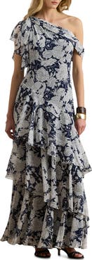 Lauren Ralph Lauren Kanerite Crinkle One-Shoulder Tiered Maxi Cocktail Dress