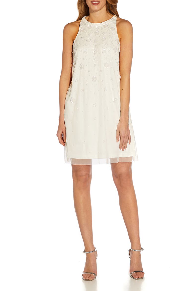 Floral Beaded Trapeze Cocktail Dress, Main, color, IVORY