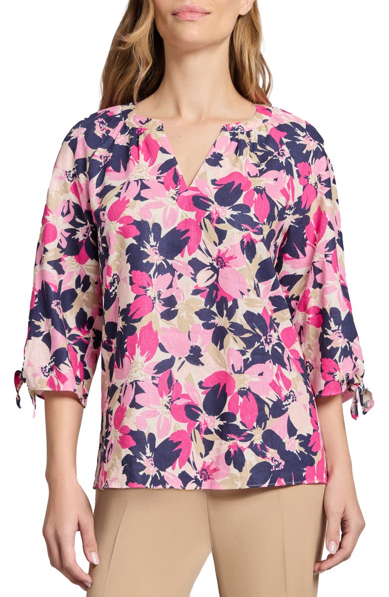 Jones New York Three Quarter Sleeve Linen Blend V-Neck Tunic Top, Main, color,