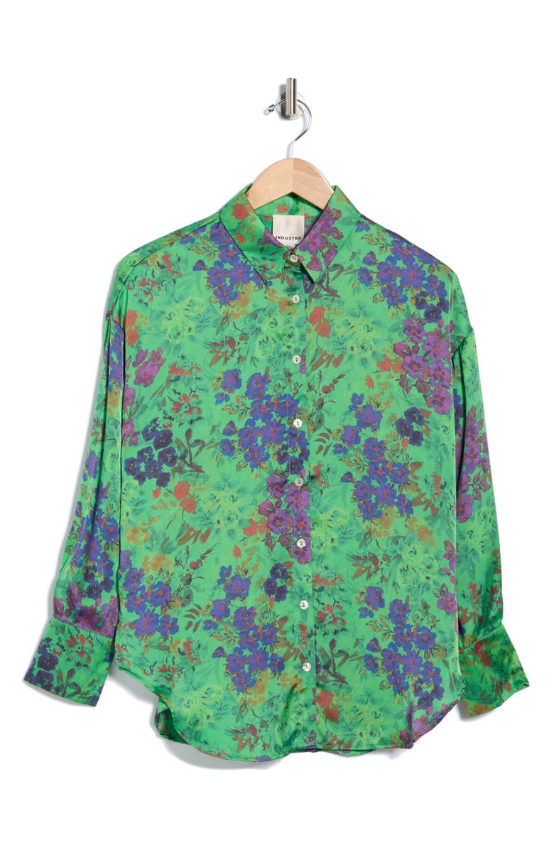 INDUSTRY REPUBLIC CLOTHING Print Satin Button-Up Shirt, Alternate, color, Green/ Violet Floral