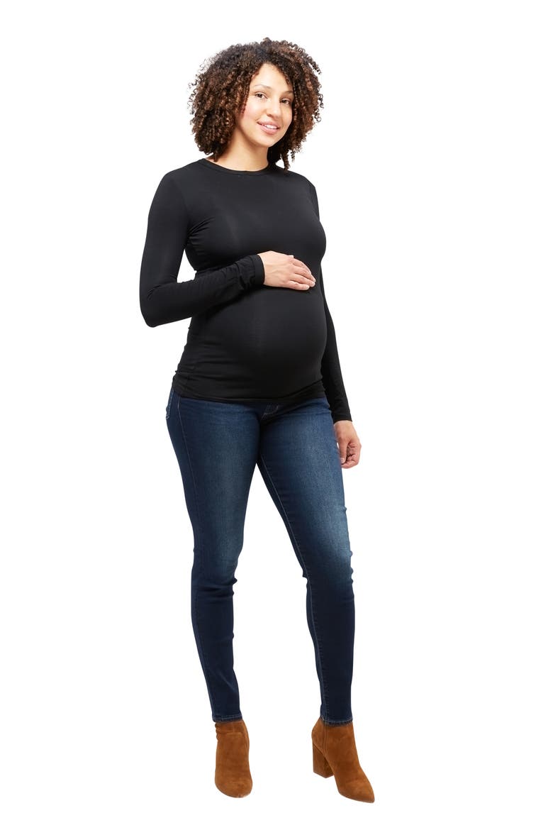 Liv Long Sleeve Sculpting Maternity Crew Neck Tee, Alternate, color, BLACK