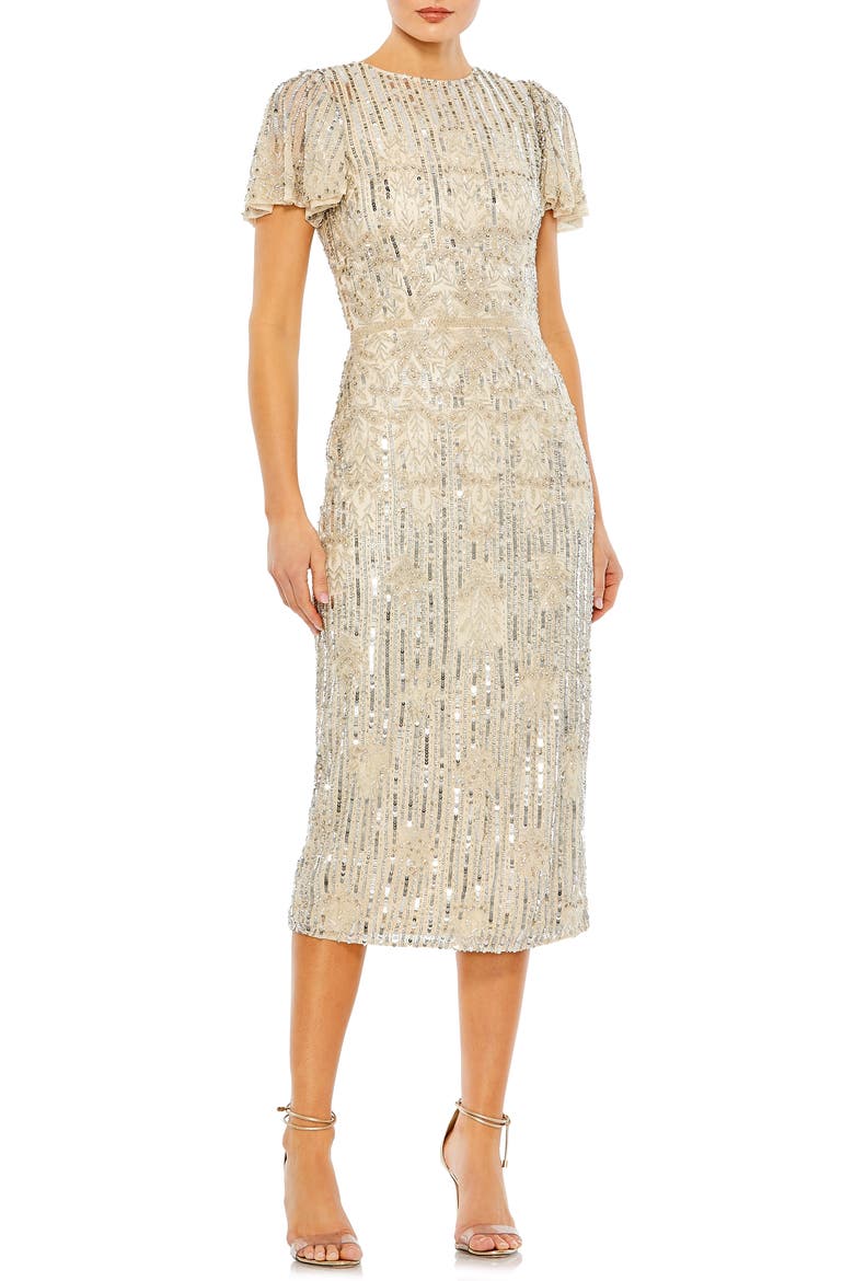Sequin Flutter Sleeve Tulle Sheath Cocktail Dress, Main, color, NUDE SILVER