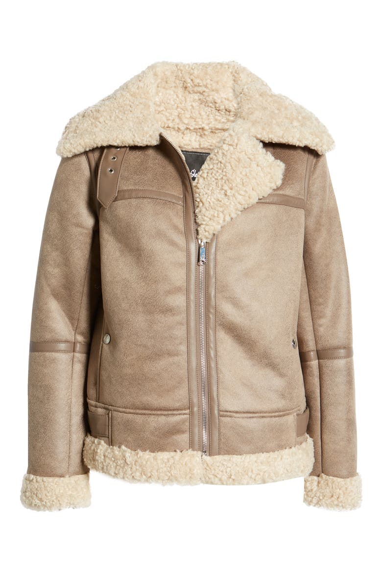 Short Faux Shearling Trim Aviator Jacket, Alternate, color, LT. KHAKI