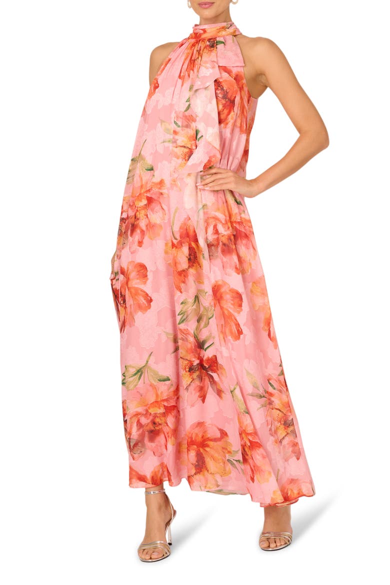 halter trapeze maxi dress Long Halter Pleated Trapeze Formal Dress Halter Neckline & Pleated Det The Dress Outlet