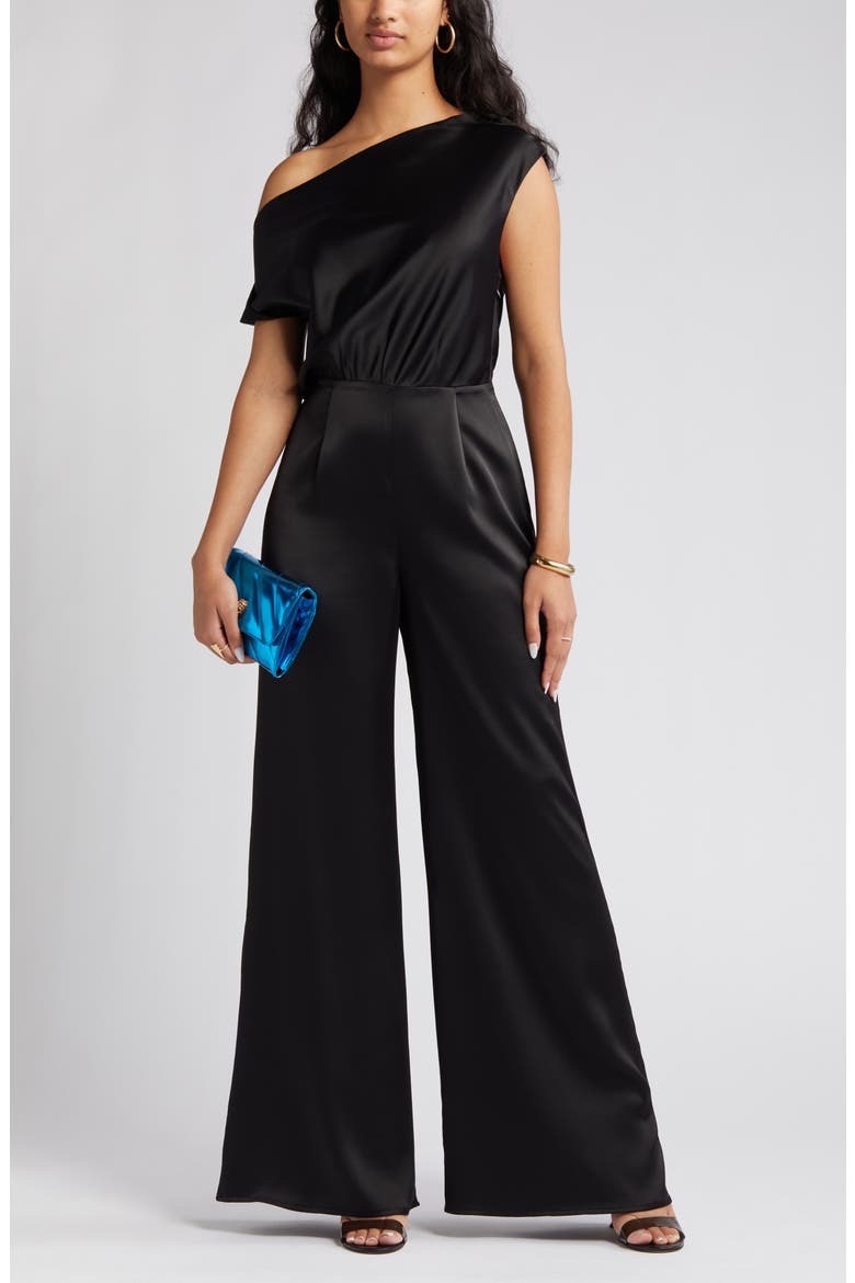 The Keita One-Shoulder Satin Jumpsuit, Main, color, BLACK