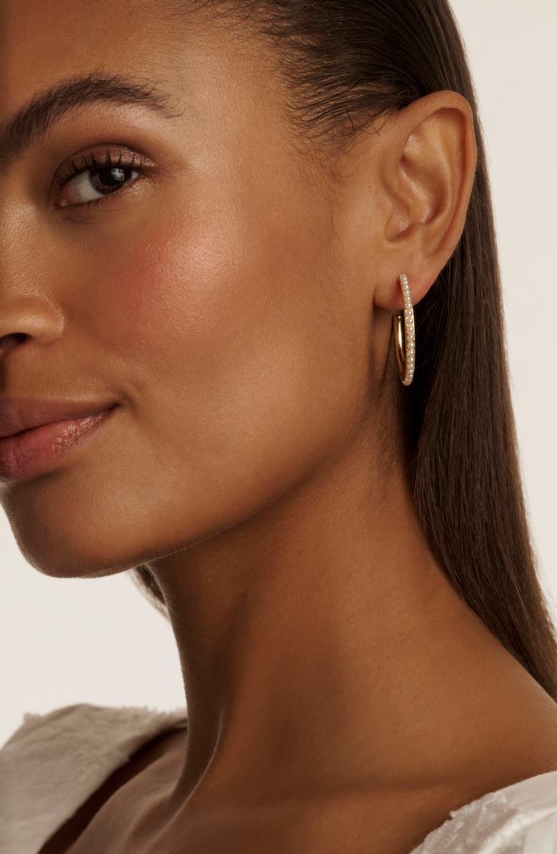 Ted Baker Peraa Medium Pearl Hoop Earrings, Alternate, color, Gold Tone Pearl