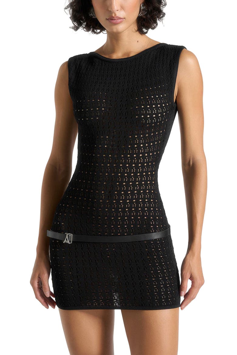 Keyla Pointelle Mini Dress With Belt, Alternate, color, Black