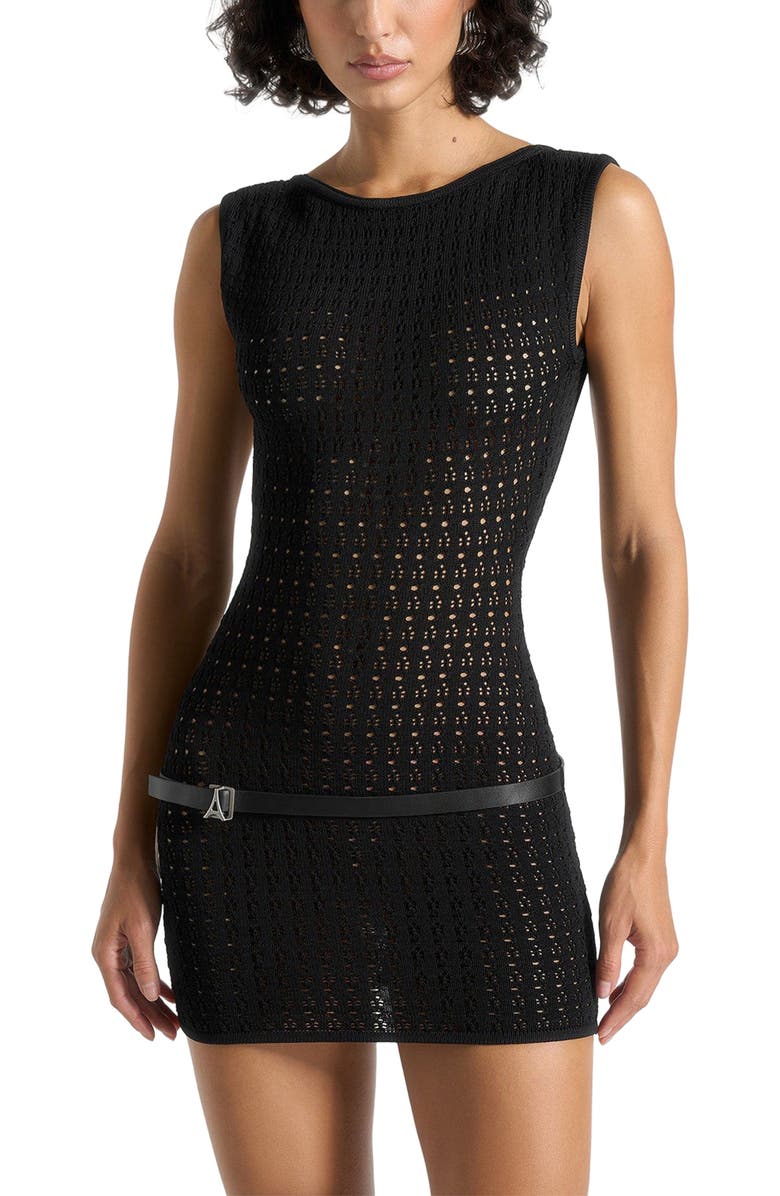 Manière De Voir Keyla Pointelle Mini Dress With Belt, Alternate, color, Black