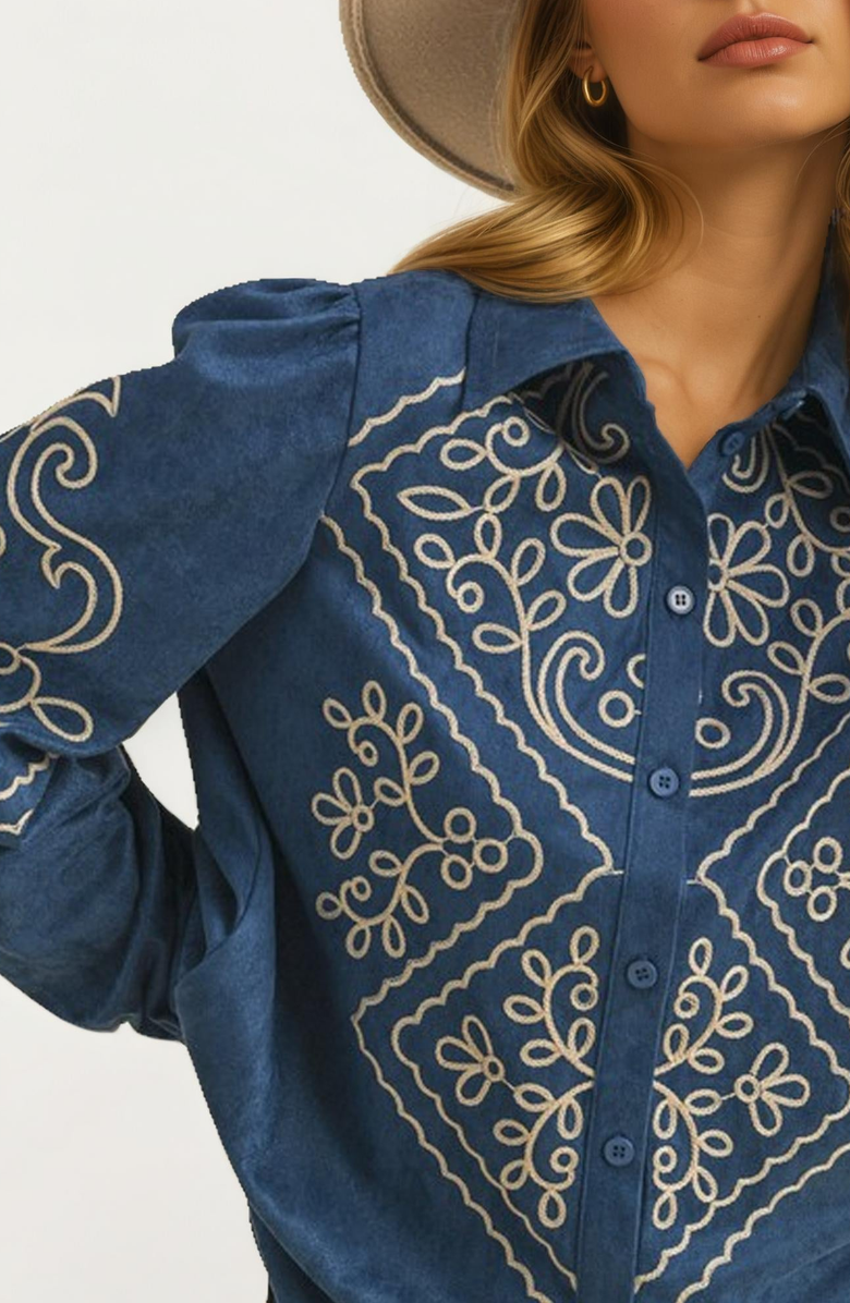 Knit and Lounge Embroidered Denim Button-Down Blouse, Alternate, color, 