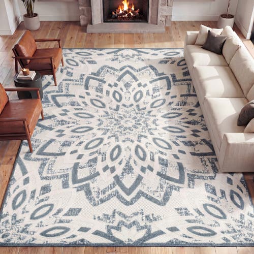 Jonathan Y Designs Flora Abstract Bold Mandala High-low Indoor/outdoor Rug In Cream/dark Blue
