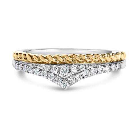 10K Yellow Gold Plated Sterling Silver 1/4 Cttw Diamond Chevron and Rope Band Ring