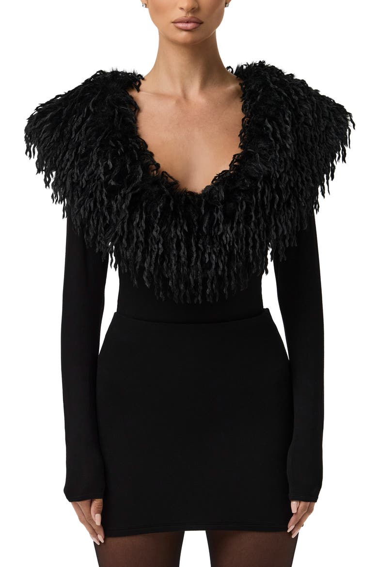 Butter Long Sleeve Bodysuit with Feather Collar, Alternate, color, BLACK