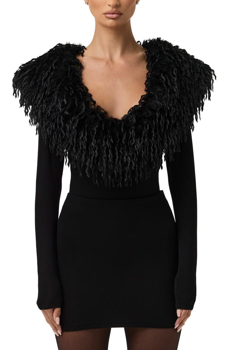 Naked Wardrobe Butter Long Sleeve Bodysuit with Feather Collar, Alternate, color, Black