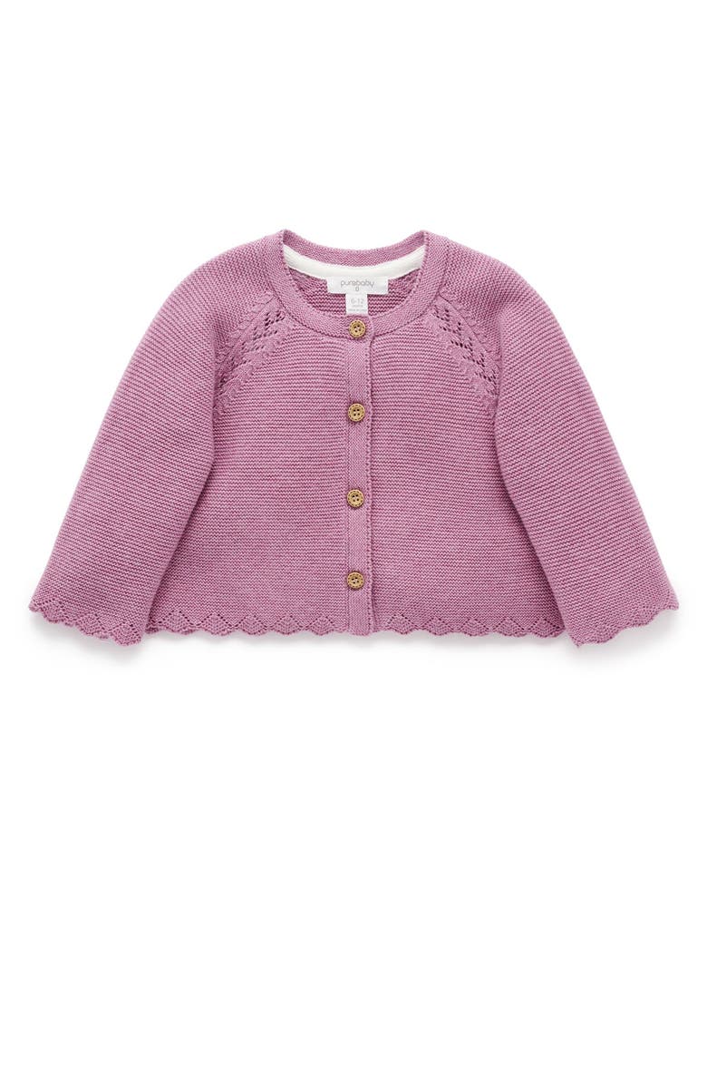 Purebaby Scalloped Cardigan, Main, color, Lavender Melange