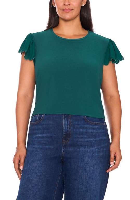 CeCe Scallop Sleeve Crewneck Jersey Top in Dark Forest 